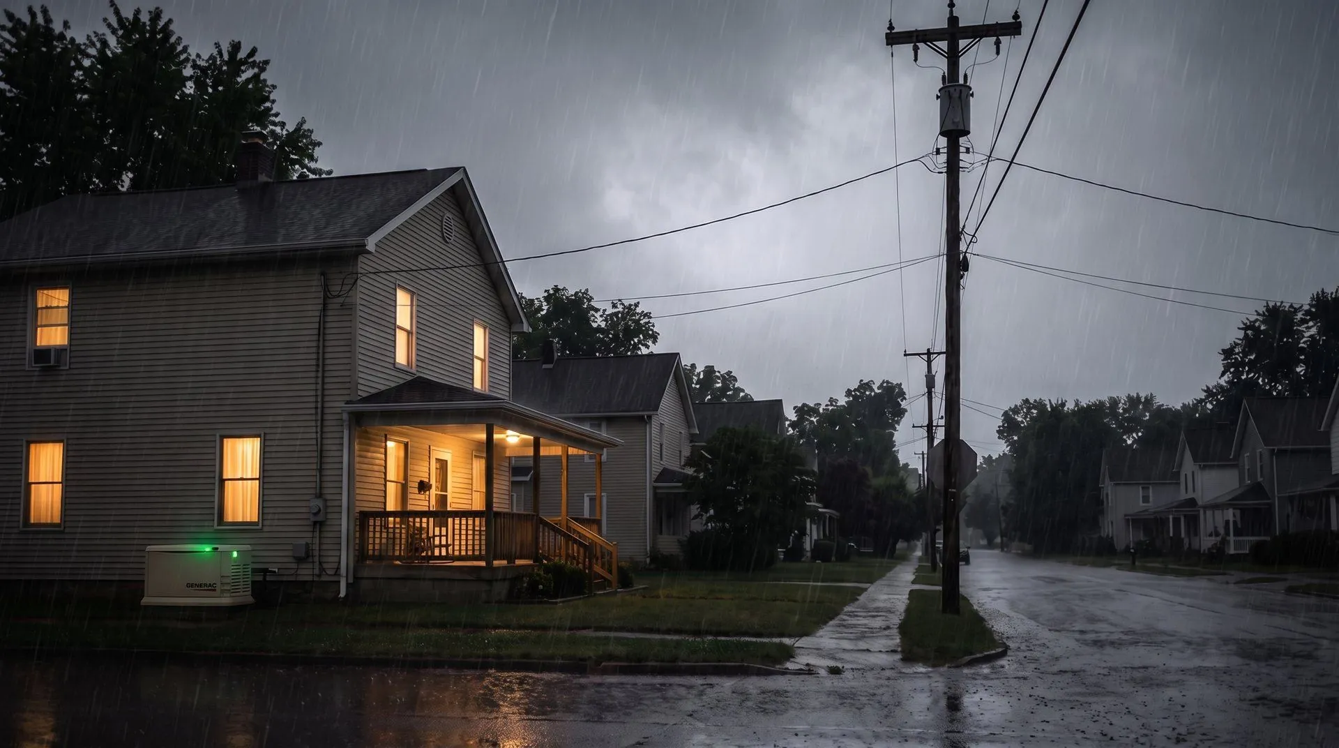 The same house with every window lit and a Generac standby generator running beside it