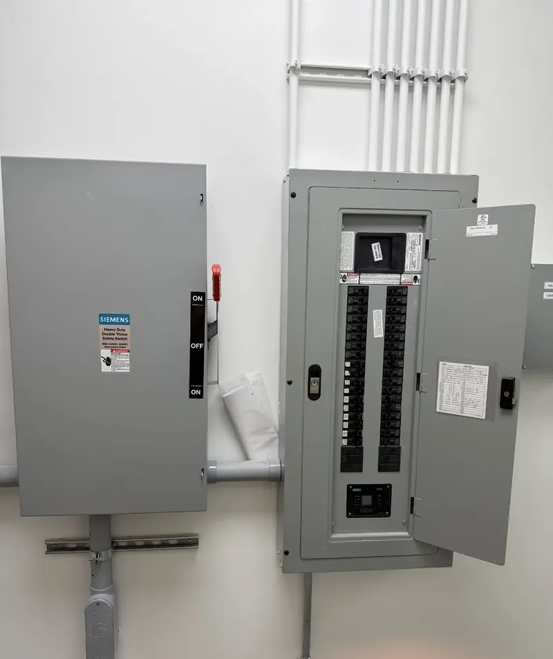 A disconnect and an open panel on a white wall, being worked on by DC Electric