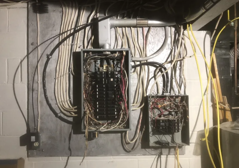 Before: an old panel in a basement with cables run every direction across the block wall