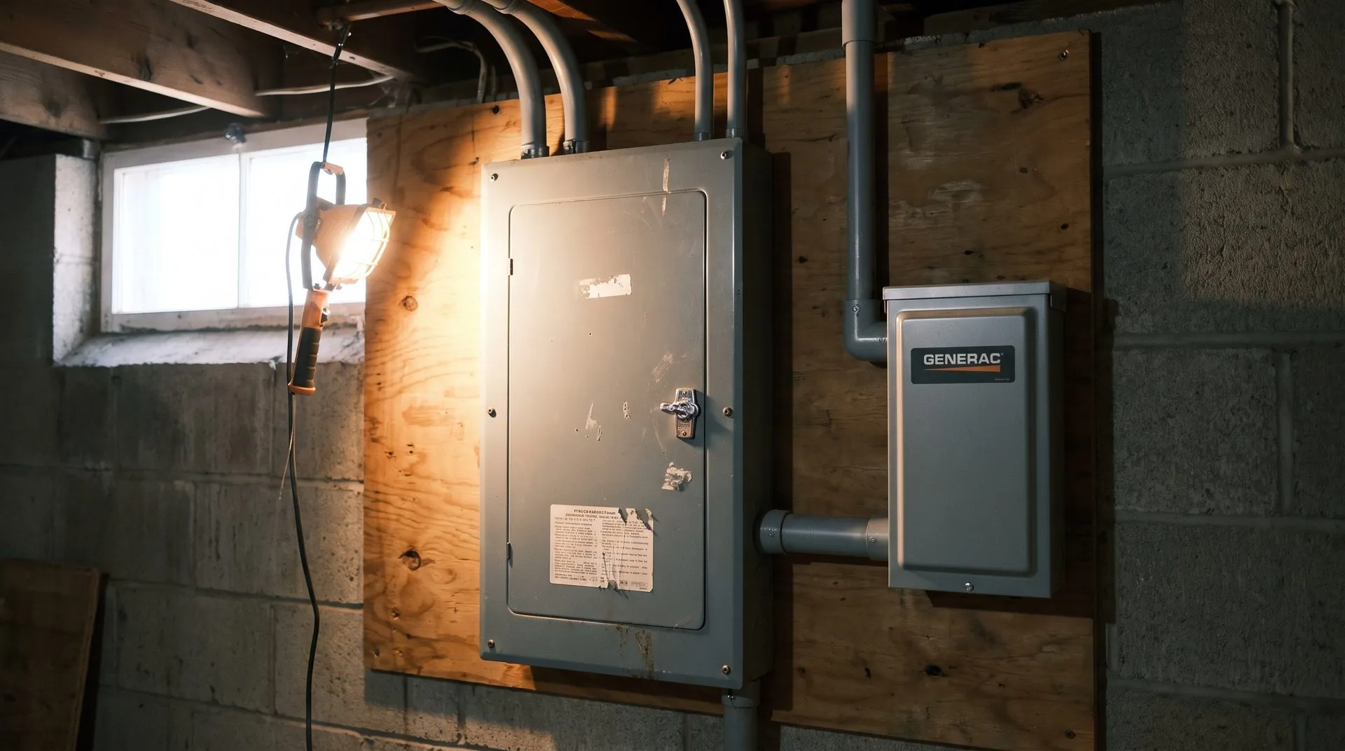 A 200 amp load center in a basement, door closed, on a plywood backboard, with a Generac transfer switch beside it
