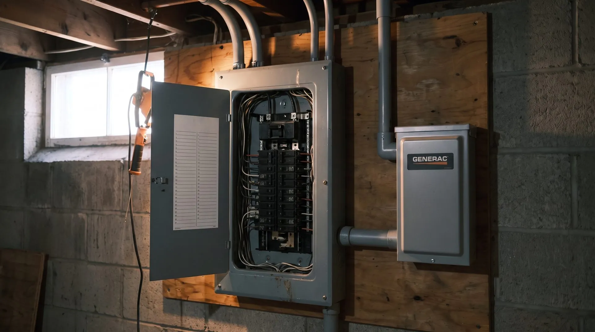 The same load center with the door open: main breaker, two columns of branch breakers, and the circuit directory card on the door