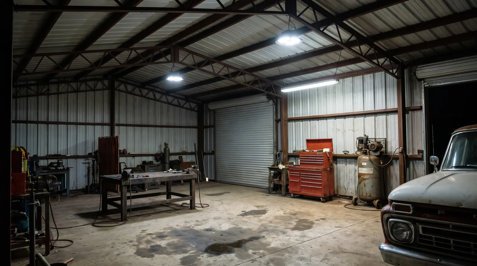 The same workshop under new LED high bays: bright, even, white light to every corner