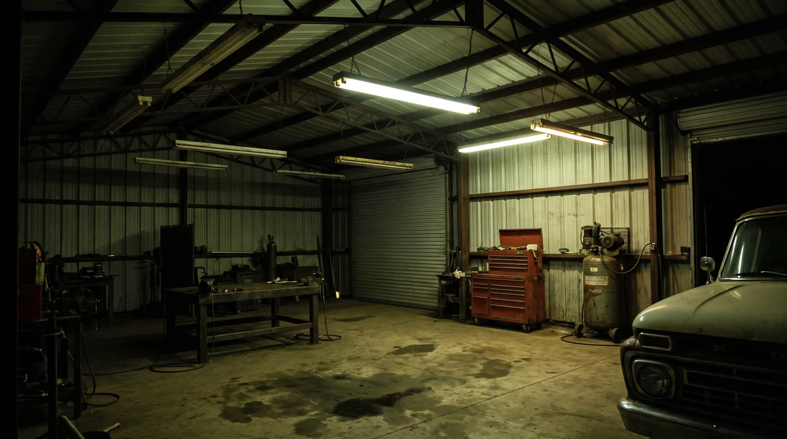 A steel workshop at night under old fluorescent strip lights: dim, yellow and uneven, one tube out